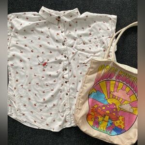 No Boundaries White Button Down Mushroom Shirt Tote Earring Set XXXL